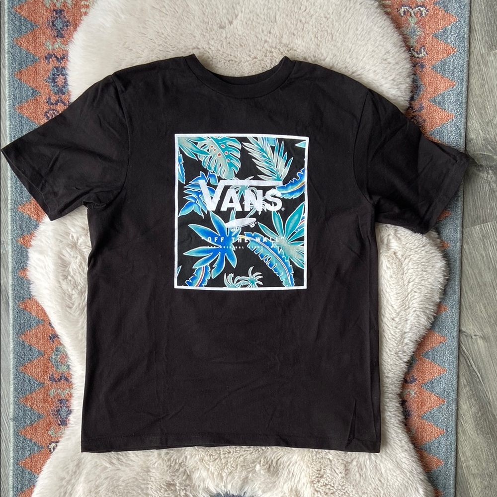 Vans youth black graphic tee palm tropical vacation vibes blue white skate large